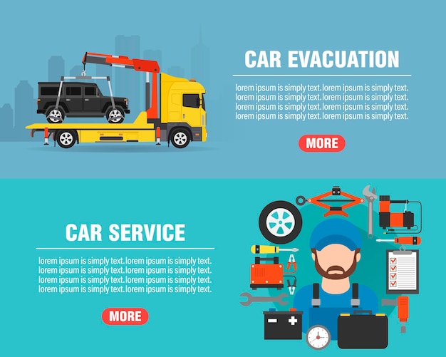 Auto-service-konzept-design flache banner gesetzt auto-evakuierung mechaniker mit werkzeugsymbol vektor-illustration