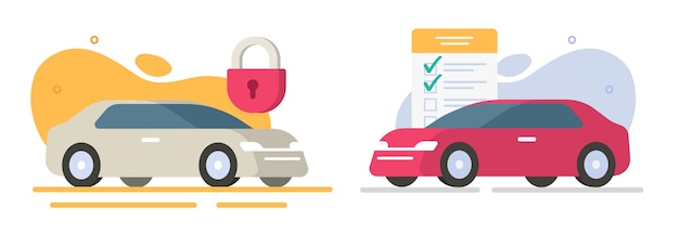 Auto-Sicherheits-Lock-Symbol-Vektor Auto-Fahrzeug-Check-up-Abdeckung Politikliste flache Cartoon-Grafik-Illustration Transport-Anti-Diebstahl-Garantie-Schutz-Checkliste Bericht Bild-Clipart