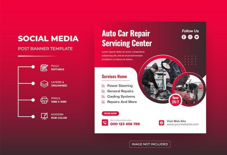 Auto- und Autoreparatur-Service-Center Werbebanner Social Media Post oder quadratische Flyer-Vorlage