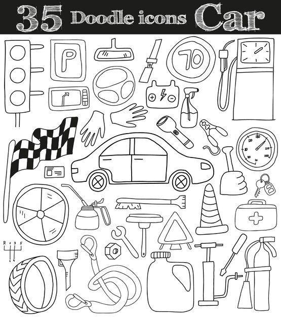 Auto und fahrt set von 35 doodle-symbolen vektorillustration