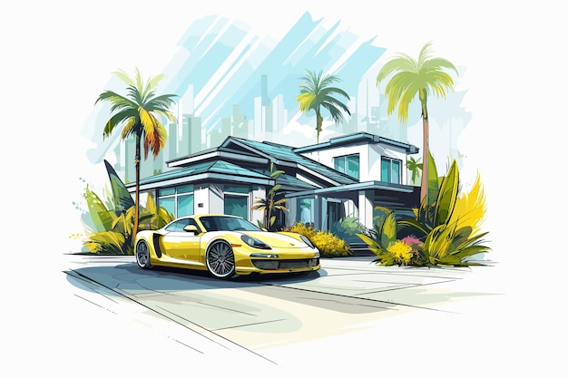 Vektor auto vor einem haus vektor-illustration auf weißem hintergrund