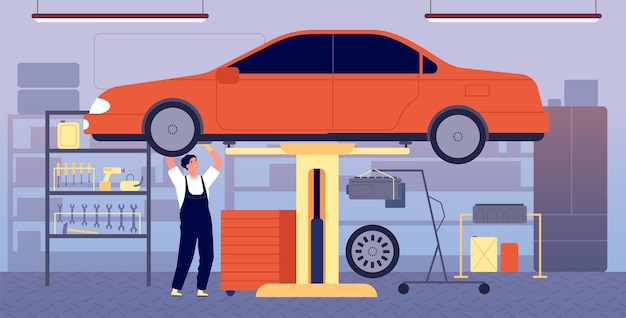 Autogarage. Autoreparaturservice, Werkstattstation mit Werkzeugausstattung. Mechaniker-Wartungsfahrzeug, Transport-Check-in-Vektor-Illustration. Werkstattmechaniker Auto, Wartung und Kontrolle