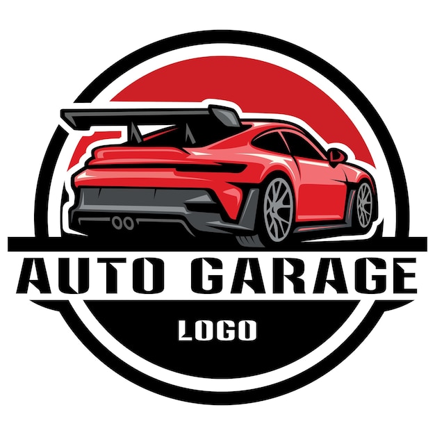 Autogarage-Logo-Design. Rotes Auto-Autogarage-Vektor-Logo-Design