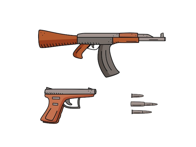 Automatik und waffe mit kugeln und granaten symbolvektor für schusswaffen militärwaffen isolieren auf weiß