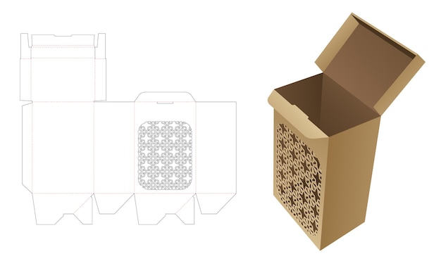 Automatisch verschlossene schachtel mit gestanzter schablone mit arabischem muster und 3d-modell