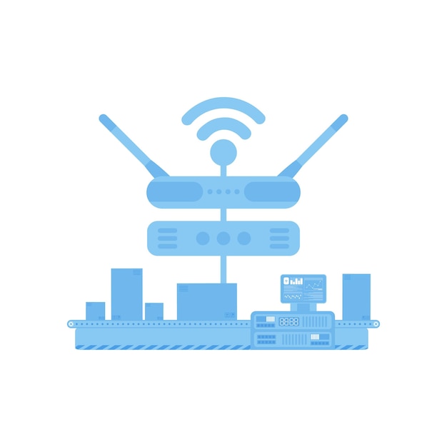 Automatische Förderlinie, verbunden mit dem Internet IOT und Automatisierungskonzept, isolierter Vektor