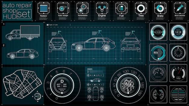 Automotive dashboard der zukunft. hybridauto. diagnose und beseitigung von störungen. blau. hud-stil. bild.