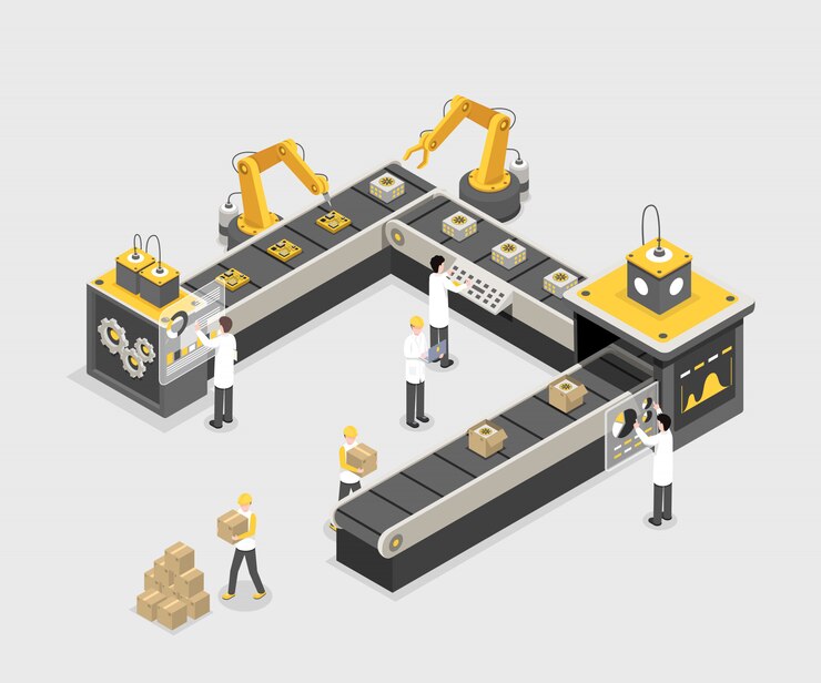 Autonome, programmierte Produktionslinie mit Arbeitern. Moderne Fabrik, Industrieherstellungsverfahren
