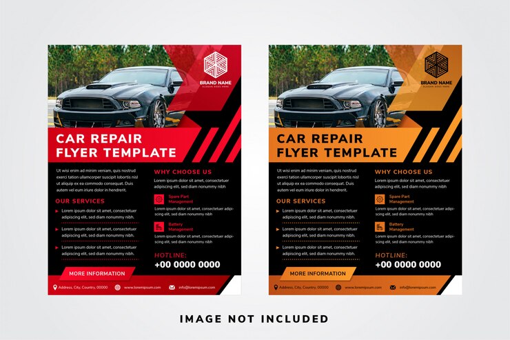 Autoreparatur Flyer Vorlage Designs mit Platz für Fotocollage oben.