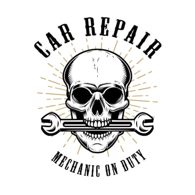 Autoreparatur. Menschlicher Schädel mit Schraubenschlüssel im Mund. Elemente für Plakat, Emblem, Zeichen, T-Shirt. Illustration