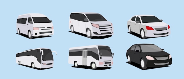 Vektor autos verschiedener arten von illustrationen stellen seitenansicht des busses, der limousine, des kleinbusses, des mikros, des mini-mikros ein
