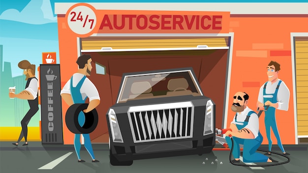 Autoservice-Arbeitskräfte, die Rad-Karikatur-Vektor ersetzen