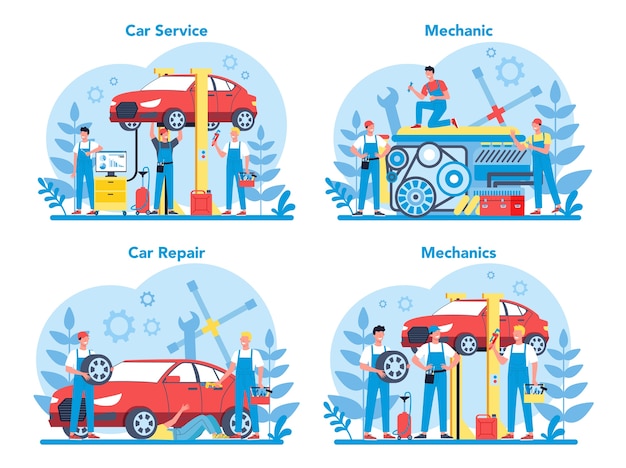 Autoservice eingestellt. Leute reparieren Auto mit professionellem Werkzeug. Idee der Autoreparatur und Diagnose. Rad- und Ölsymbol, Motor und Kraftstoff.