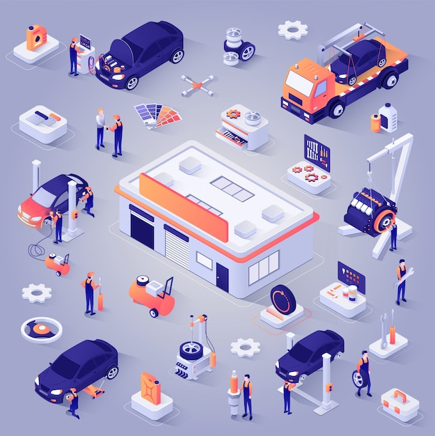 Autoservice-isometrische Projektions-Vektor-Ikonen eingestellt