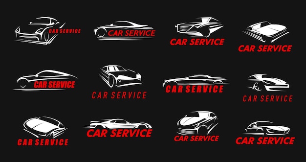 Vektor autoservice-symbole mit vektorsilhouetten von schnellen autos und fahrzeugen kfz-reparatur-tuning und wartungsservice mechaniker garage station oder werkstatt isolierte symbole mit auto