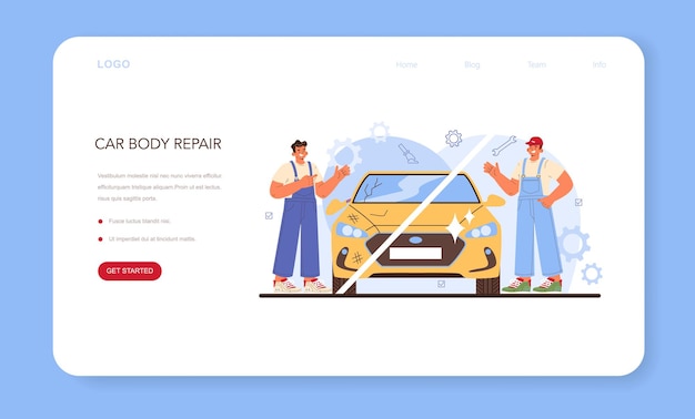 Autoservice-Webbanner oder Zielseite. Auto wurde in der Garage repariert
