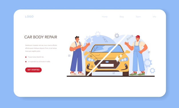 Autoservice-webbanner oder zielseite. auto wurde in der garage repariert