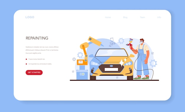 Autoservice-Webbanner oder Zielseite. Mechaniker in Uniformlackierung einer Fahrzeugkarosserie. Profi mit Ausrüstung lackieren Sie ein Auto mit einer anderen Farbe mit einer Spritzpistole. Flache Vektorillustration