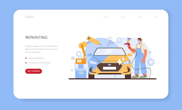 Autoservice-webbanner oder zielseite. mechaniker in uniformlackierung einer fahrzeugkarosserie. profi mit ausrüstung lackieren sie ein auto mit einer anderen farbe mit einer spritzpistole. flache vektorillustration