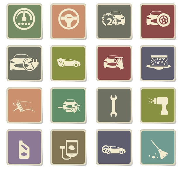 Vektor autoshop-symbole auf quadratischen papieraufklebern mit schatten