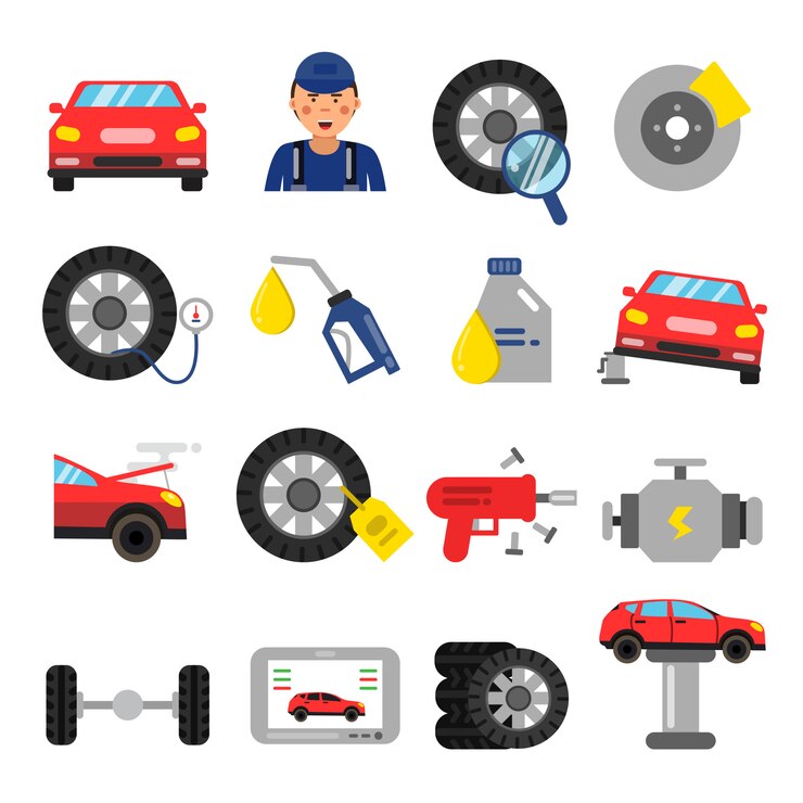 Vektor autoteile. räder- und reifenservice von autos. vektorbilder im flachen stil