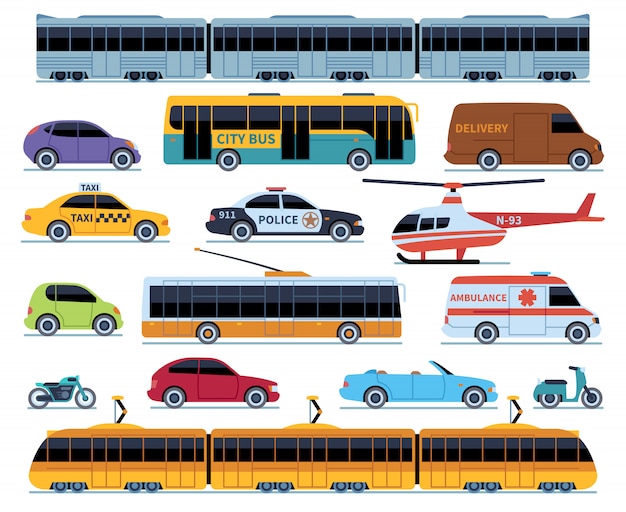 Autotransportset. fahrzeuge stadtverkehr. autos lkw roller motorradbus. seitenansicht automatisch isoliert