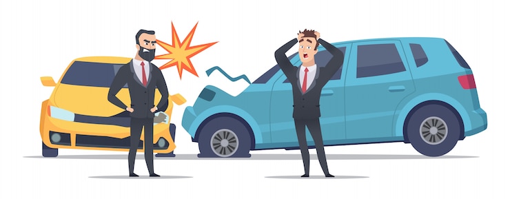 Vektor autounfall. beschädigte autos wütend verängstigte männer. geschäftsmanncharakter und verunglückte autos