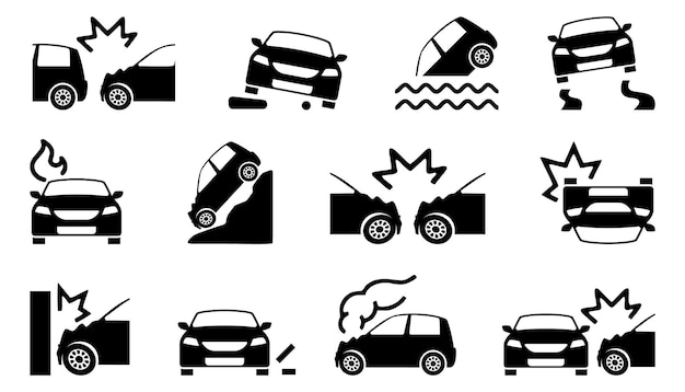 Autounfall-symbole satz verschiedener autounfall-symbole einfache unfallzeichen schwarze autounfall-symbole