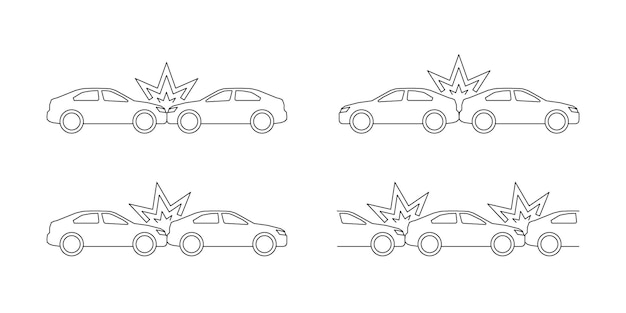 Autounfall-unfall-line-art-icon-set seitliche frontal-rückkollision kaputtes fahrzeug vektorumriss