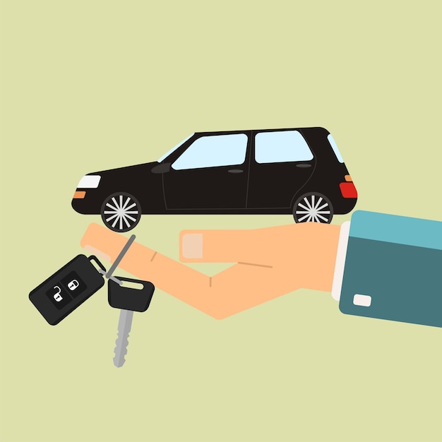 Vektor autovermietung oder verkaufskonzept hand halten auto und autoschlüssel vektor-illustration