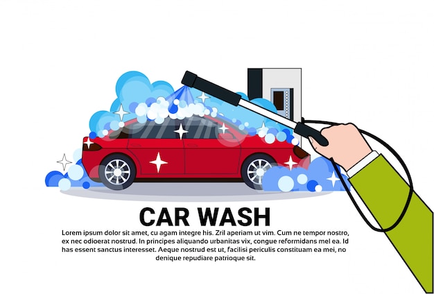 Vektor autowasch-service-fahne mit handreinigungs-fahrzeug