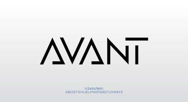 Avant, ein futuristisches Schriftdesign. Alphabet Schriftart mit Technologiethema. Moderne minimalistische Typografie