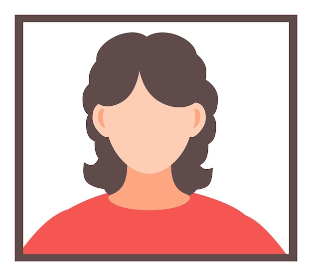 Vektor avatar einer gesichtslosen jungen brünetten frau im rahmen cartoon-vektorfigur porträt eines jungen mädchens benutzer der website isolierte weiße unbekannte weibliche person im roten t-shirt flaches web-symbol für benutzerprofil