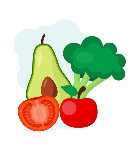Avocado, apfel, brokkoli, karotte frisch, diätetisch, bio, lebensmittel. cartoon-stil eps 10
