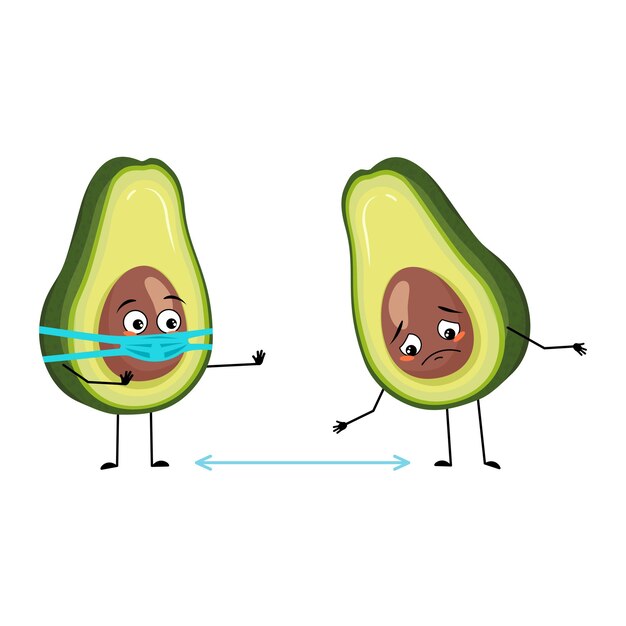 Avocado-charakter mit traurigen emotionen, gesicht und maske halten abstand, arme und beine. person mit ausdruck, pflanzliches emoticon. flache vektorgrafik