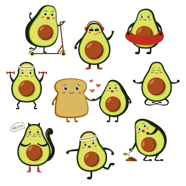 Vektor avocado-figuren-pack mit aufklebern. gesundes essen und gemüse. flache vektorgrafik