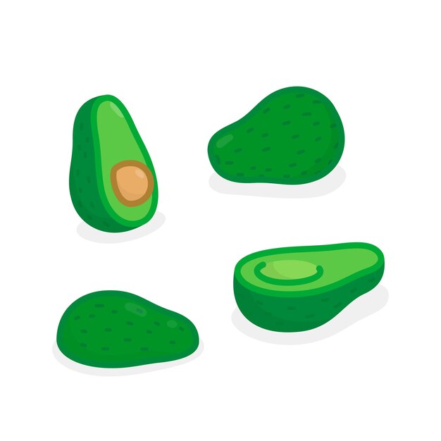 Vektor avocado-frucht und die hälfte zum herausnehmen der flachen cartoon-vektorillustration des samens kawaii doodle