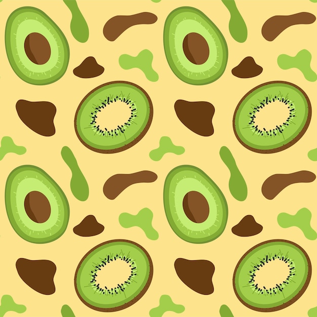 Avocado-kiwi-früchte und abstrakte organische formen nahtloses muster halb geschnittene avocado und kiwi