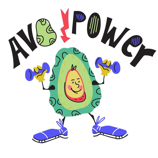 Avocado-power-banner oder karte zum thema fitness und gesunder lebensstil, vektorgrafik