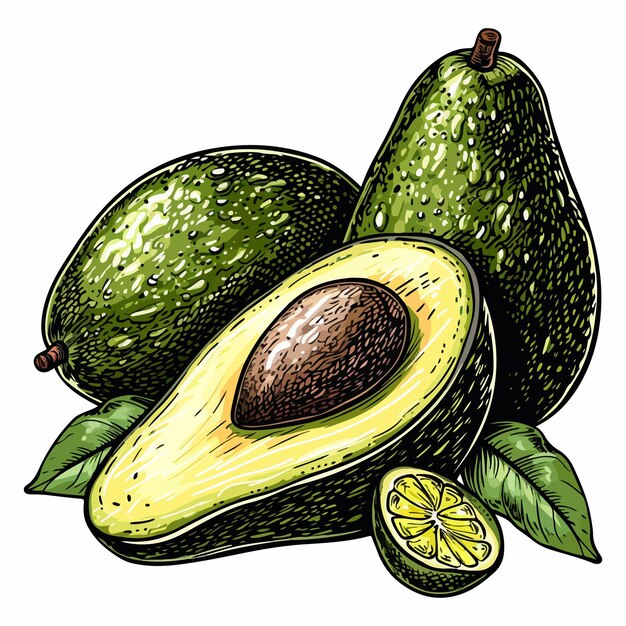 Vektor avocado vector von hand gezeichnete illustrationen tropische sommerfrüchte gravierte stilillustration