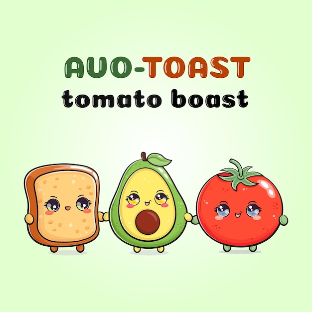 Avotoast-Tomate-Prahlkarte Avocado-Brot-Tomate Vektor handgezeichneter Doodle-Stil Cartoon-Figur Illustration Icon-Design Glückliche Avocado-Brot-Tomaten-Freunde-Konzeptkarte