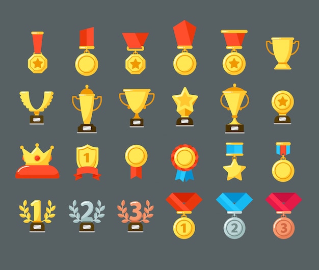 Award-symbole. goldener pokal, belohnungsbecher und siegerpreis. flache medaillen vergibt symbole
