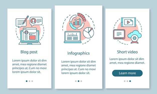 Awareness Content Onboarding mobiler App-Seitenbildschirm mit linearen Konzepten. Blog-Post, Infografiken, kurze Video-Walkthrough-Schritte, grafische Anweisungen. UX, UI, GUI-Vektorvorlage mit Illustrationen