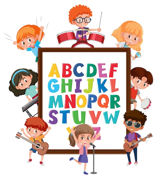 Vektor az alphabet board mit vielen kindern, die verschiedene aktivitäten machen