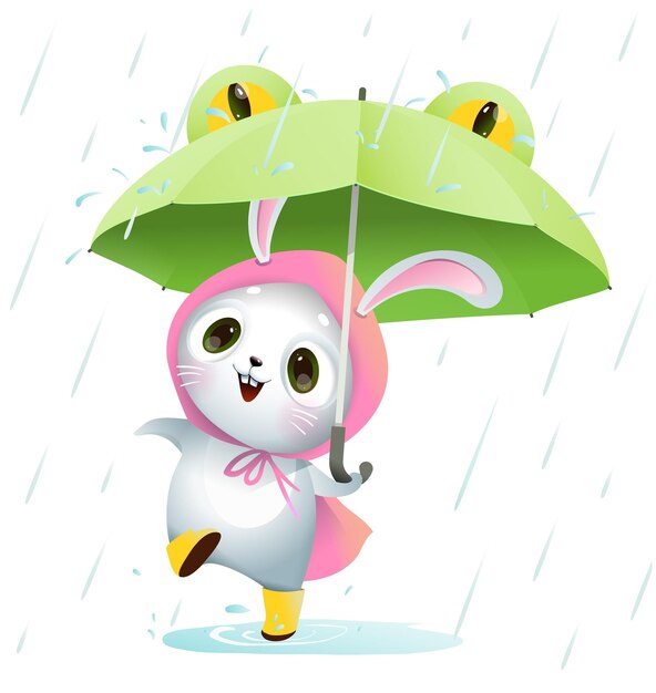 Baby Bunny oder Rabbit mit Frog Umbrella unter Regen