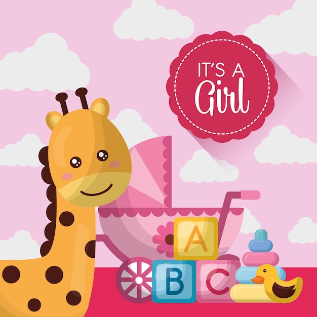 Baby-dusche-karte glücklich giraffe niedlichen rosa babe carriege würfel spielzeug