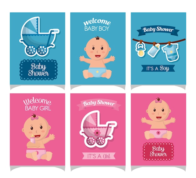 Vektor baby-dusche-karte strickers lächelnde mädchen jungen baby carriege borns