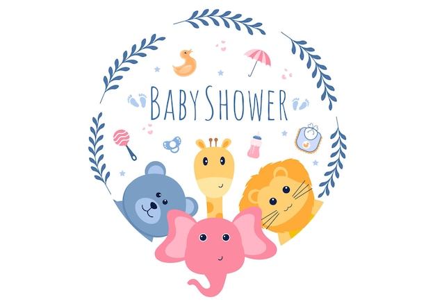 Vektor baby-dusche kleiner junge oder mädchen mit niedlichen dschungeltieren design-hintergrund-vektor-illustration geeignet für einladung und grußkarte