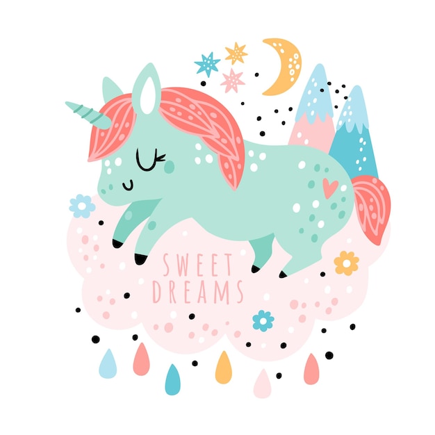 Vektor baby-einhorn-illustration mit sternen herzen wolken im cartoon-stil süße träume pferd oder pony