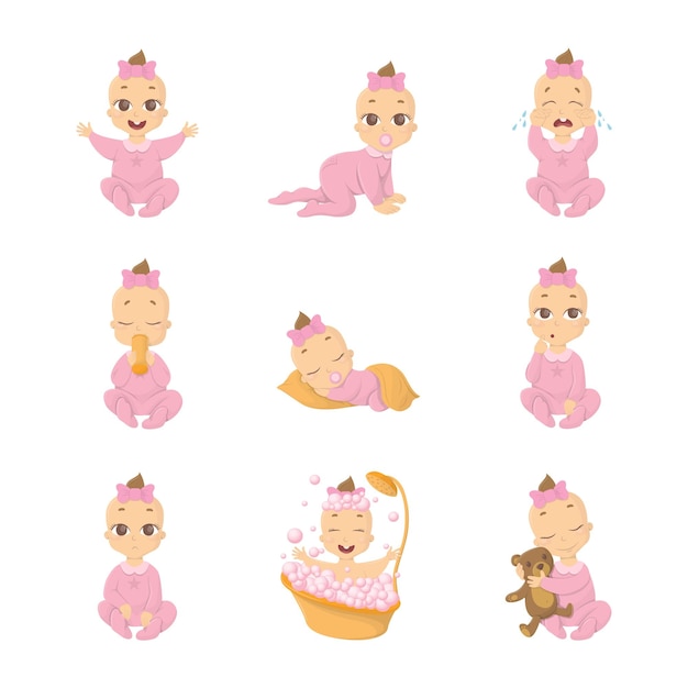 Vektor baby-emoji-set lustige niedliche zeichentrickfigur auf weißem hintergrund mädchen in rosa